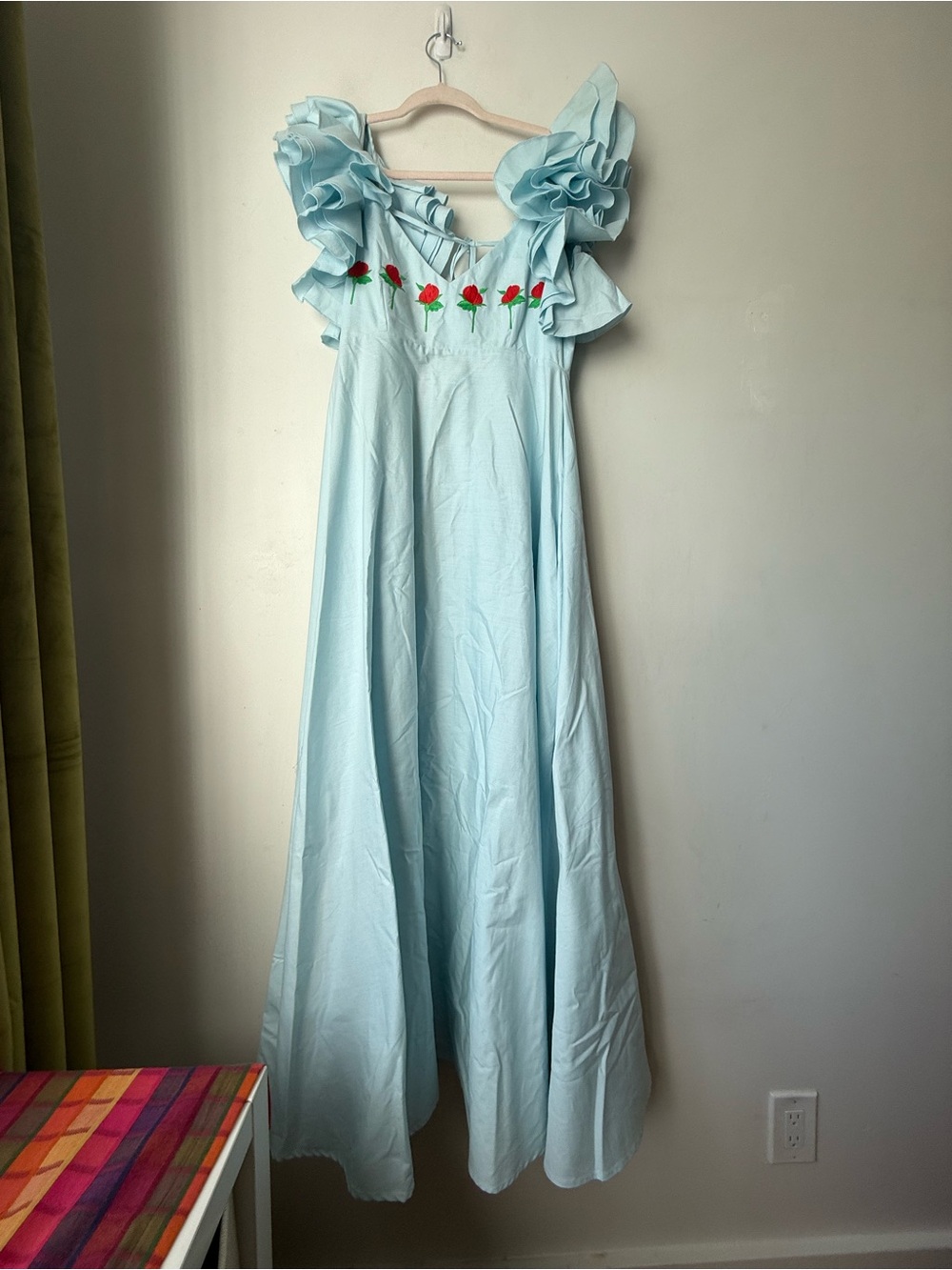 Fanm Mon Demre Kajou Collection Light Blue Floral Embroidered Ruffle Dress S NWT - Picture 4 of 8